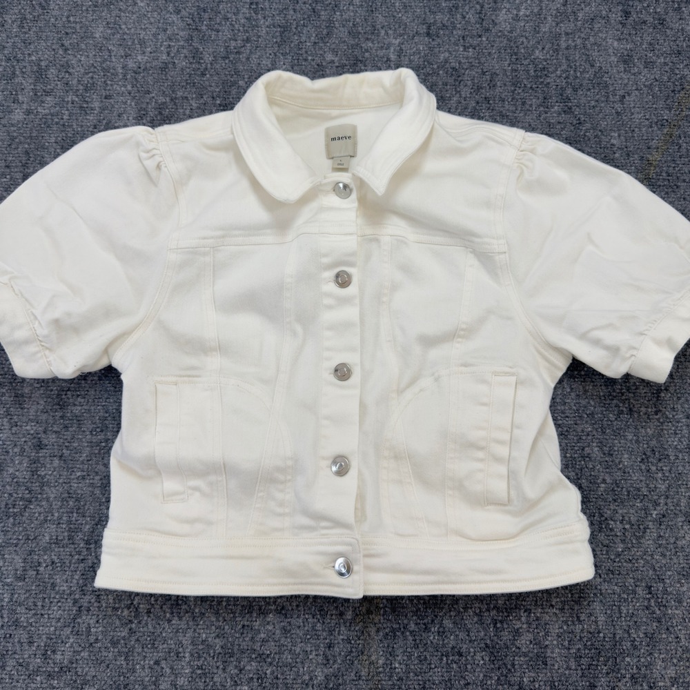 Maeve Anthropologie Short Sleeve Puff Denim Jacket White Size L